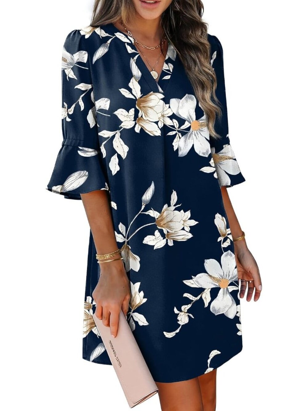 〽️Women's Blue Lily Floral V Neck Shift Dress Ruffle Sleeves Pocket Sundress